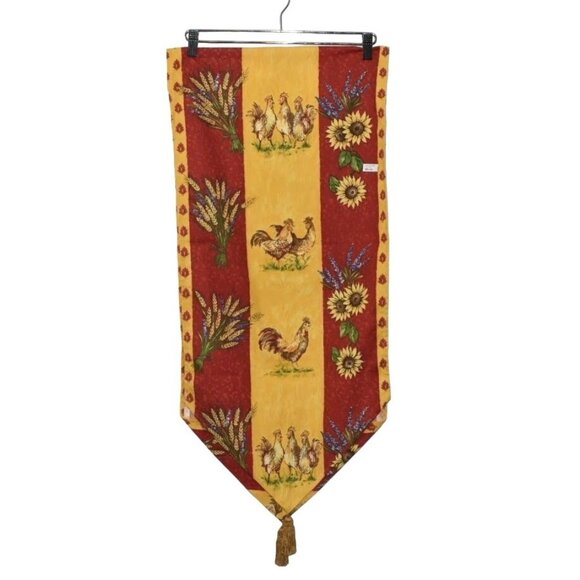 Country Rooster and Sunflower Table Runner With Tassels Yellow Red Cotton 57 in - Picture 2 of 4